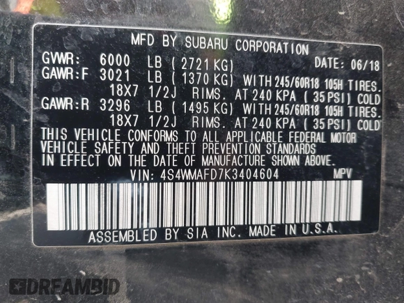 2019 Subaru Ascent Premium with VIN 4S4WMAFD7K3404604, listed as a IAAI auction lot 42078830 with 99,373 mi miles and . Bid and sale history available at DreamBid. Image 9.