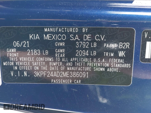 2021 Kia Forte LXS with VIN 3KPF24AD2ME386091, listed as a IAAI auction lot 41866112 with 42,430 mi miles. Bid and sale history available at carsss.com. Image 9.