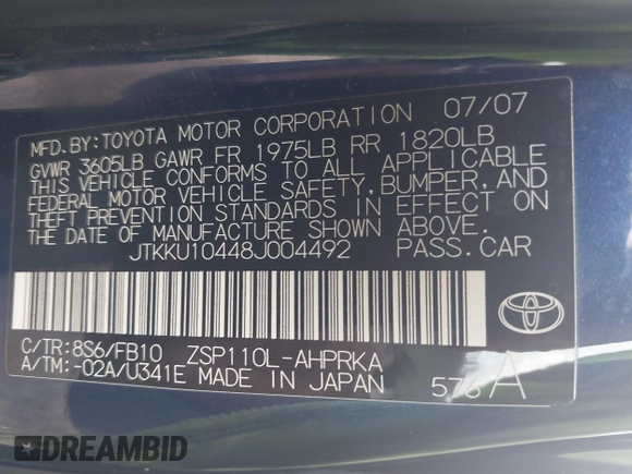 2008 Scion xD with VIN JTKKU10448J004492, listed as a IAAI auction lot 42071070 with 198,787 mi miles. Bid and sale history available at carsss.com. Image 9.