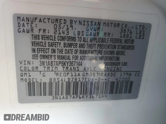 2019 Nissan Sentra S with VIN 3N1AB7AP6KY367144, listed as a Copart auction lot 62607415 with 115,239 mi miles and Salvage title. Bid and sale history available at DreamBid. Image 12.