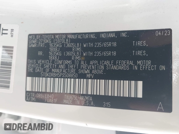 2023 Toyota Highlander L z VIN 5TDKDRBH5PS508850, wystawiony jako IAAI lot #42000739 z przebiegiem 35 914 mil mil oraz . Historia ofert i sprzedaży dostępna na DreamBid. Obrazek 9.
