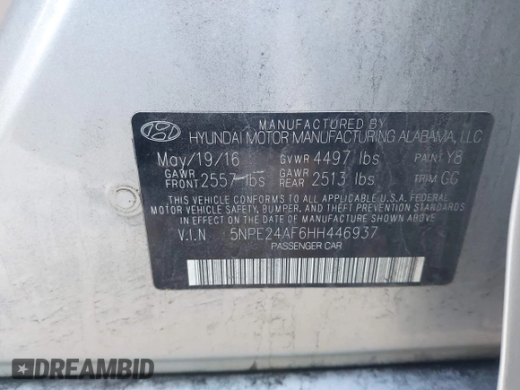 2017 Hyundai Sonata SE with VIN 5NPE24AF6HH446937, listed as a IAAI auction lot 41662562 with 180,436 mi miles. Bid and sale history available at carsss.com. Image 9.