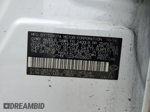 2017 Lexus IS 350 with VIN JTHBE1D22H5028603, listed as a Copart auction lot 53209415 with Not provided miles and Salvage title. Bid and sale history available at DreamBid. Image 15.