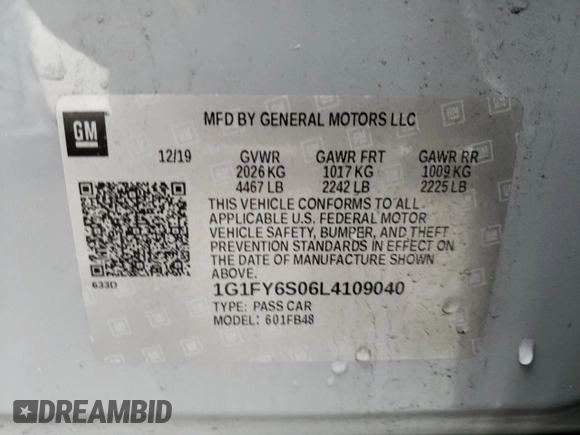 2020 Chevrolet Bolt EV LT with VIN 1G1FY6S06L4109040, listed as a Copart auction lot 42006653 with 37,156 mi miles. Bid and sale history available at carsss.com. Image 12.