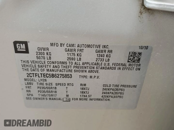 2011 GMC Terrain SLE-2 with VIN 2CTFLTEC5B6275853, listed as a Copart auction lot 50563795 with Not Provided miles and Salvage Title. Bid and sale history available at carsss.com. Image 13.