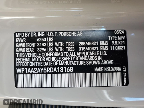 2024 Porsche Cayenne с VIN WP1AA2AY5RDA13168, выставлен на аукционе Copart как лот 50158205 с пробегом 4 568 миль миль и Списание • Salvage title. История ставок и продаж доступна на DreamBid. Изображение 16.