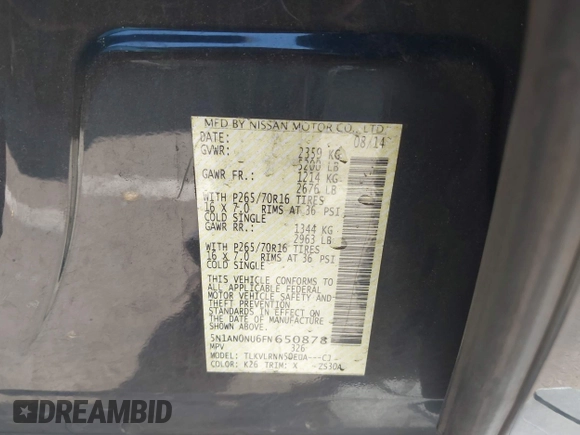 2015 Nissan Xterra S with VIN 5N1AN0NU6FN650878, listed as a IAAI auction lot 42002706 with 134,084 mi miles and . Bid and sale history available at DreamBid. Image 9.