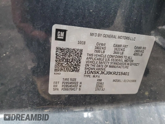 2019 Chevrolet Suburban Premier with VIN 1GNSKJKJ0KR215401, listed as a Copart auction lot 43479535 with Not Provided miles and Salvage Title. Bid and sale history available at DreamBid. Image 13.