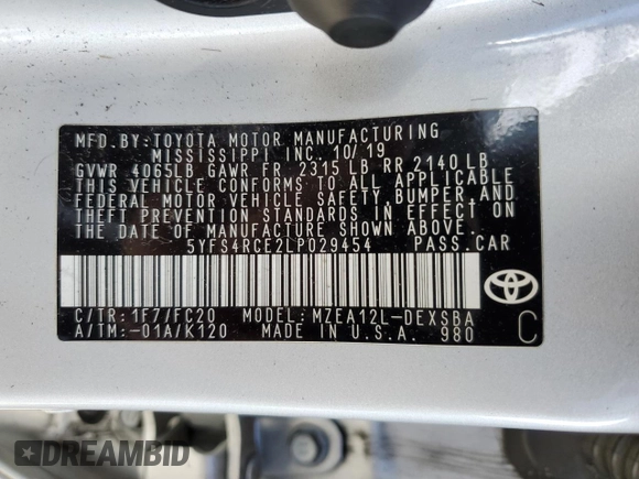 2020 Toyota Corolla SE with VIN 5YFS4RCE2LP029454, listed as a Copart auction lot 44923875 with 0 mi miles and Salvage Title. Bid and sale history available at carsss.com. Image 12.