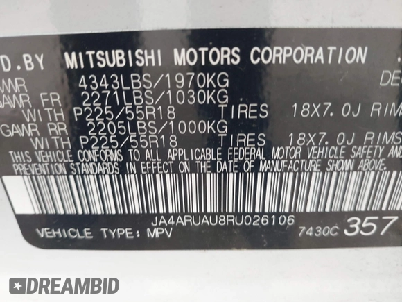 2024 Mitsubishi Outlander S z VIN JA4ARUAU8RU026106, wystawiony jako IAAI lot #42261854 z przebiegiem 5 439 mil mil oraz . Historia ofert i sprzedaży dostępna na DreamBid. Obrazek 9.