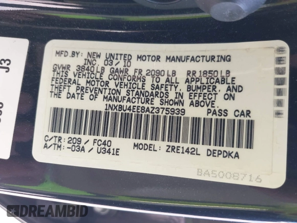 2010 Toyota Corolla with VIN 1NXBU4EE8AZ375939, listed as a IAAI auction lot 42680023 with 145,736 mi miles and . Bid and sale history available at DreamBid. Image 9.