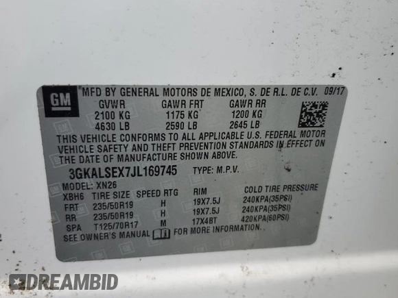 2018 GMC Terrain Denali with VIN 3GKALSEX7JL169745, listed as a Copart auction lot 57286285 with 148,830 mi miles and Salvage title. Bid and sale history available at DreamBid. Image 13.