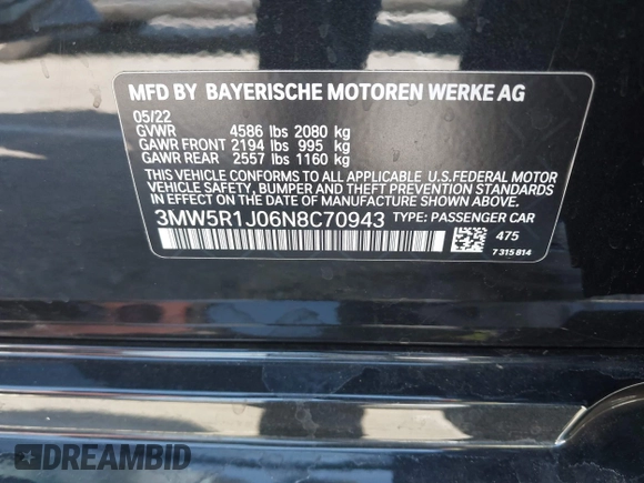 2022 BMW 3 Series 330i with VIN 3MW5R1J06N8C70943, listed as a IAAI auction lot 37735551 with 11,201 mi miles and . Bid and sale history available at DreamBid. Image 9.