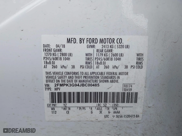 2018 Ford Edge SE with VIN 2FMPK3G94JBC00485, listed as a IAAI auction lot 41935781 with 1 mi miles. Bid and sale history available at carsss.com. Image 9.