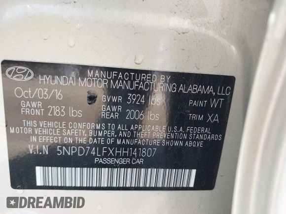 2017 Hyundai Elantra SE with VIN 5NPD74LFXHH141807, listed as a IAAI auction lot 42519349 with 95,249 mi miles and . Bid and sale history available at DreamBid. Image 9.