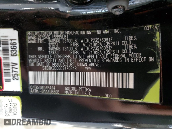 2014 Toyota Sienna L with VIN 5TDZK3DC6ES470318, listed as a Copart auction lot 45523325 with 175,316 mi miles and Salvage Title. Bid and sale history available at carsss.com. Image 14.