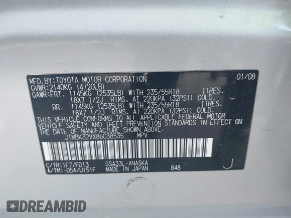 2008 Toyota RAV4 Sport with VIN JTMBK32VX86038535, listed as a IAAI auction lot 42553585 with 140,470 mi miles and . Bid and sale history available at DreamBid. Image 9.