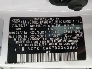 2013 Kia Sorento LX with VIN 5XYKTCA67DG343893, listed as a Copart auction lot 49951445 with 91,981 mi miles and Salvage Title. Bid and sale history available at carsss.com. Image 13.