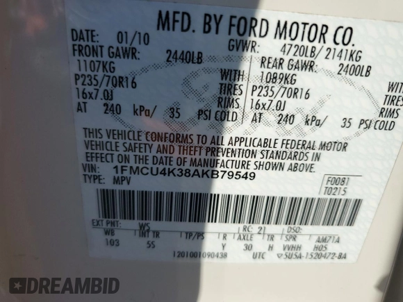 2010 Ford Escape Hybrid with VIN 1FMCU4K38AKB79549, listed as a Copart auction lot 57293035 with 83,742 mi miles and Salvage title. Bid and sale history available at DreamBid. Image 13.