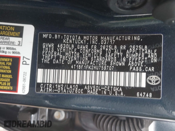 2017 Toyota Camry XLE z VIN 4T1BF1FK2HU759707, wystawiony jako IAAI lot #42192165 z przebiegiem 103 000 mil mil oraz . Historia ofert i sprzedaży dostępna na DreamBid. Obrazek 9.