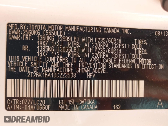 2013 Lexus RX 350 with VIN 2T2BK1BA1DC223508, listed as a IAAI auction lot 42413129 with 126,950 mi miles and . Bid and sale history available at DreamBid. Image 9.