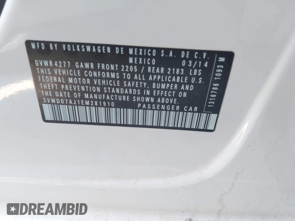 2014 Volkswagen Jetta SE z VIN 3VWD07AJ1EM281910, wystawiony jako IAAI lot #42823665 z przebiegiem 86 182 mil mil oraz . Historia ofert i sprzedaży dostępna na DreamBid. Obrazek 9.