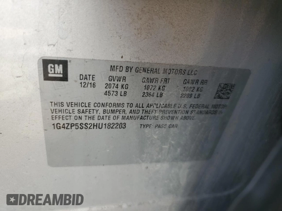2017 Buick LaCrosse Essence with VIN 1G4ZP5SS2HU182203, listed as a Copart auction lot 52934185 with 116,810 mi miles and Salvage Title. Bid and sale history available at DreamBid. Image 12.