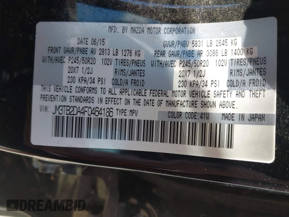 2015 Mazda CX-9 Grand Touring with VIN JM3TB2DA4F0464186, listed as a IAAI auction lot 42227595 with 124,526 mi miles and . Bid and sale history available at DreamBid. Image 9.