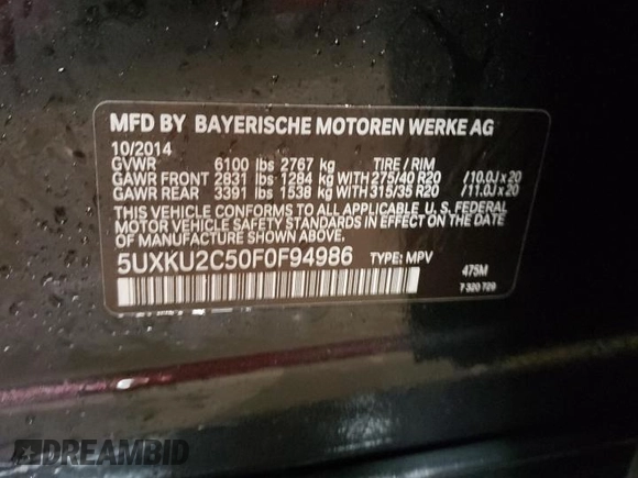 2015 BMW X6 xDrive35i with VIN 5UXKU2C50F0F94986, listed as a Copart auction lot 76998613 with 165,678 mi miles and . Bid and sale history available at DreamBid. Image 12.