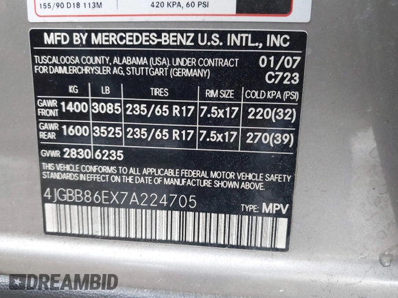 2007 Mercedes-Benz M 350 with VIN 4JGBB86EX7A224705, listed as a IAAI auction lot 41923857 with 149,751 mi miles and . Bid and sale history available at DreamBid. Image 9.