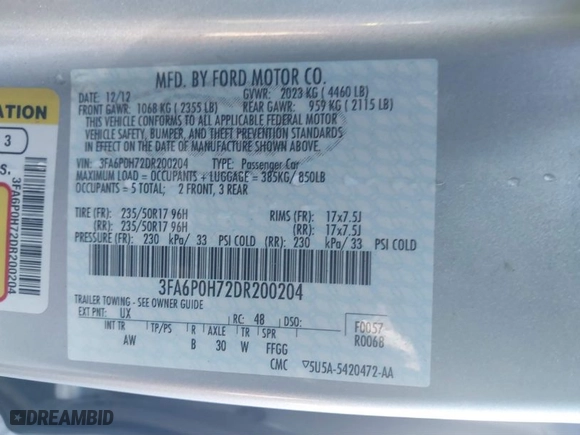 2013 Ford Fusion SE with VIN 3FA6P0H72DR200204, listed as a IAAI auction lot 41212133 with NaN miles. Bid and sale history available at carsss.com. Image 9.