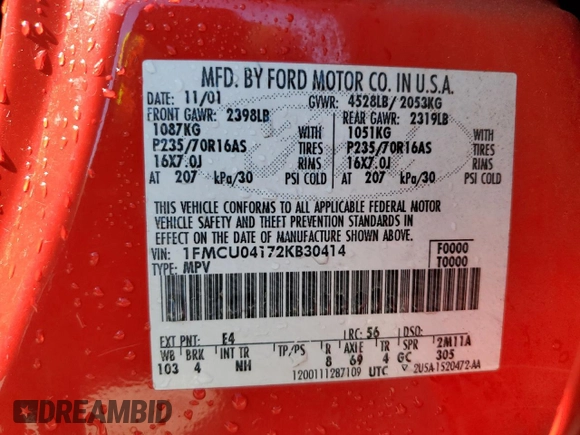 2002 Ford Escape XLT Choice with VIN 1FMCU04172KB30414, listed as a Copart auction lot 47757964 with 176,501 mi miles and Salvage Title. Bid and sale history available at carsss.com. Image 13.