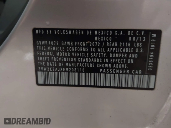 2014 Volkswagen Jetta S z VIN 3VW2K7AJXEM208116, wystawiony jako IAAI lot #42076606 z przebiegiem 118 917 mil mil oraz . Historia ofert i sprzedaży dostępna na DreamBid. Obrazek 9.