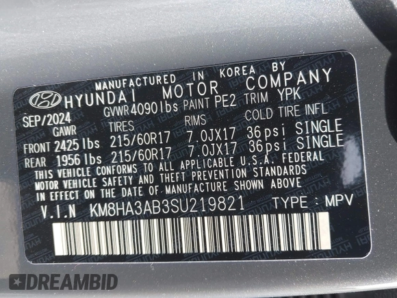 2025 Hyundai Kona SE with VIN KM8HA3AB3SU219821, listed as a IAAI auction lot 41165741 with 205 mi miles. Bid and sale history available at carsss.com. Image 9.