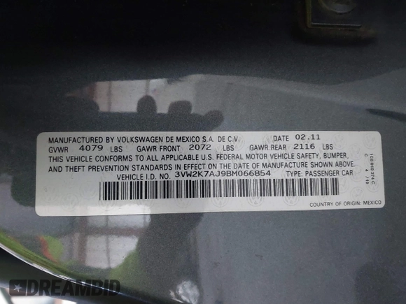 2011 Volkswagen Jetta Sedan S with VIN 3VW2K7AJ9BM066854, listed as a IAAI auction lot 41776173 with 166,497 mi miles. Bid and sale history available at carsss.com. Image 9.