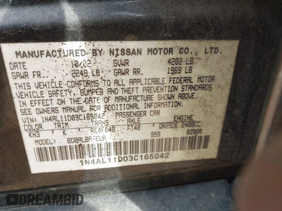 2003 Nissan Altima S with VIN 1N4AL11D03C165042, listed as a IAAI auction lot 41888473 with 306,629 mi miles. Bid and sale history available at carsss.com. Image 9.