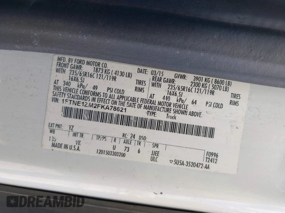 2015 Ford Transit Cargo with VIN 1FTNE1ZM2FKA78621, listed as a IAAI auction lot 41654632 with 234,709 mi miles and . Bid and sale history available at carsss.com. Image 9.