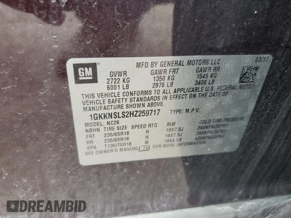 2017 GMC Acadia SLE with VIN 1GKKNSLS2HZ259717, listed as a Copart auction lot 50745455 with 134,680 mi miles and Salvage Title. Bid and sale history available at carsss.com. Image 13.