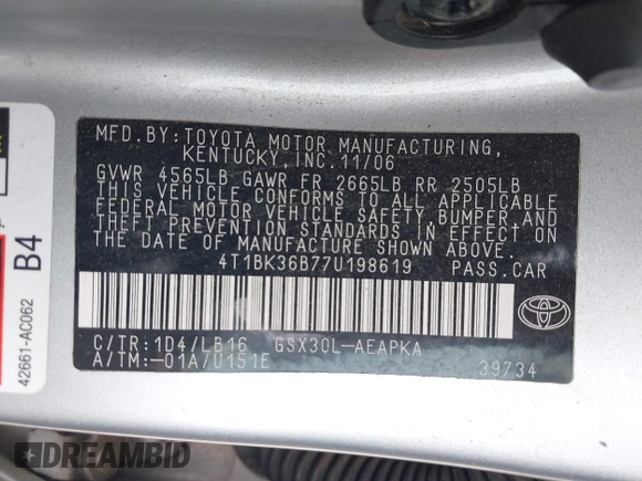 2007 Toyota Avalon XL z VIN 4T1BK36B77U198619, wystawiony jako IAAI lot #42204373 z przebiegiem 348 721 mil mil oraz . Historia ofert i sprzedaży dostępna na DreamBid. Obrazek 9.