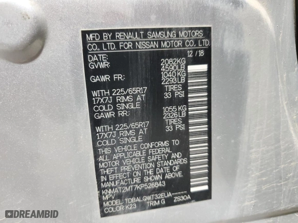 2019 Nissan Rogue SV with VIN KNMAT2MT7KP526843, listed as a Copart auction lot 88803165 with 122,767 mi miles and Salvage Title. Bid and sale history available at carsss.com. Image 14.