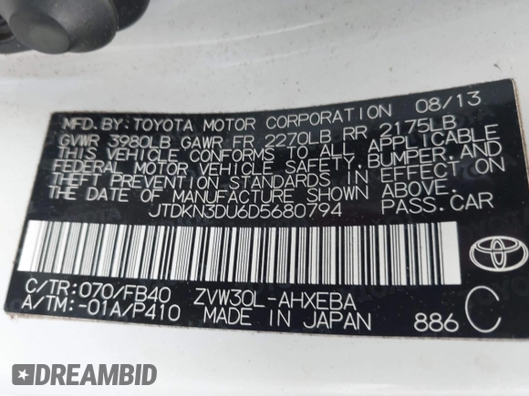 2013 Toyota Prius One z VIN JTDKN3DU6D5680794, wystawiony jako IAAI lot #42457587 z przebiegiem 197 612 mil mil oraz . Historia ofert i sprzedaży dostępna na DreamBid. Obrazek 9.