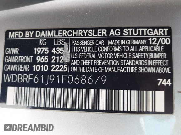 2001 Mercedes-Benz C 230/260/280/320 с VIN WDBRF61J91F068679, выставлен на аукционе IAAI как лот 42620453 с пробегом 183 522 миль миль и . История ставок и продаж доступна на DreamBid. Изображение 9.