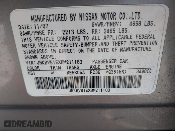 2008 Infiniti G35 Journey with VIN JNKBV61EX8M211183, listed as a IAAI auction lot 42148307 with 122,948 mi miles and . Bid and sale history available at DreamBid. Image 9.