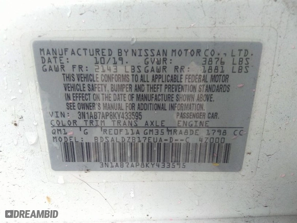 2019 Nissan Sentra S with VIN 3N1AB7AP8KY433595, listed as a IAAI auction lot 39428823 with 93,800 mi miles. Bid and sale history available at carsss.com. Image 9.