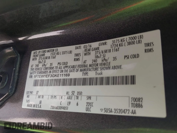 2016 Ford F-150 XLT z VIN 1FTEW1EF3GKE11169, wystawiony jako IAAI lot #42068291 z przebiegiem 204 141 mil mil oraz . Historia ofert i sprzedaży dostępna na DreamBid. Obrazek 9.