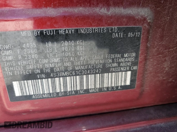 2012 Subaru Legacy Premium with VIN 4S3BMBC61C3043242, listed as a Copart auction lot 62866635 with 114,077 mi miles and Salvage title. Bid and sale history available at DreamBid. Image 12.