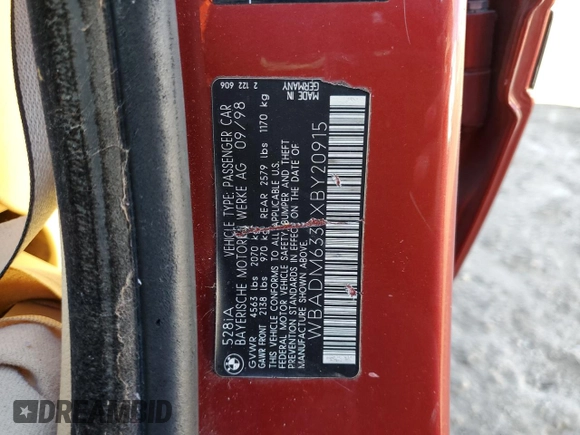 1999 BMW 5 Series 528iA with VIN WBADM6332XBY20915, listed as a Copart auction lot 45206785 with 165,946 mi miles and Salvage Title. Bid and sale history available at carsss.com. Image 15.