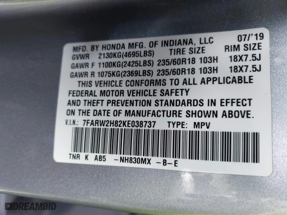 2019 Honda CR-V EX-L with VIN 7FARW2H82KE038737, listed as a IAAI auction lot 41519775 with 57,349 mi miles. Bid and sale history available at carsss.com. Image 9.