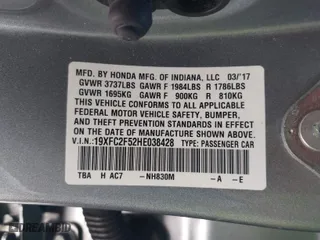 2017 Honda Civic Sedan LX with VIN 19XFC2F52HE038428, listed as a IAAI auction lot 41781577 with 72,730 mi miles. Bid and sale history available at carsss.com. Image 9.