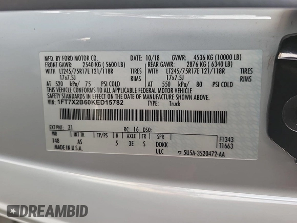 2019 Ford F-250 XL with VIN 1FT7X2B60KED15782, listed as a IAAI auction lot 42840321 with 119,106 mi miles and . Bid and sale history available at DreamBid. Image 35.